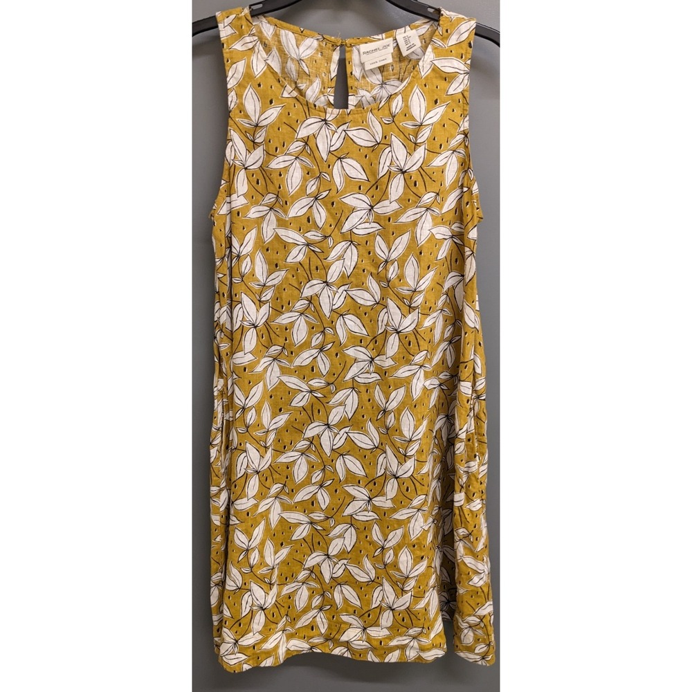 Rachel Zoe Linen Dress Womens Small Pockets Mustard‎ Gold White Leaves Chic